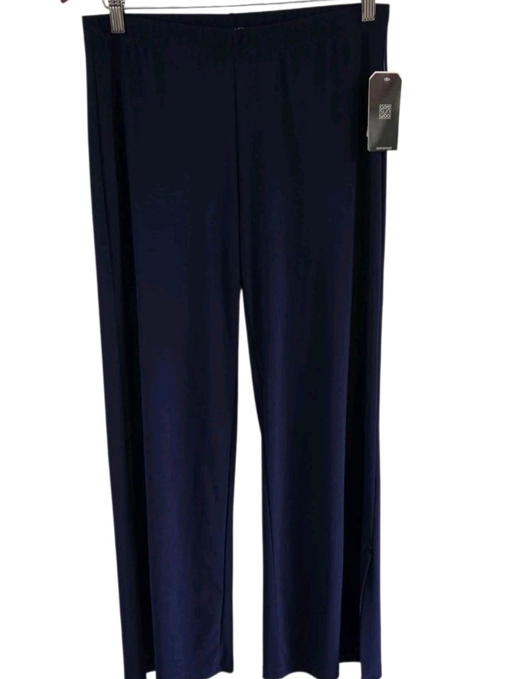 Clara Sun Woo Medium Pants Signature Side Slit Blue Knit Pull On Stretch Womens